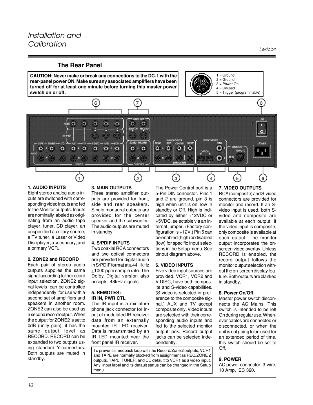 Lexicon DC-1 owner manual Rear Panel, ZONE2 and Record, Power On/Off 