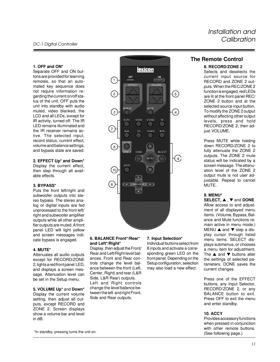 Lexicon DC-1 owner manual Remote Control, OFF and on, Mute, Menu, Accy 