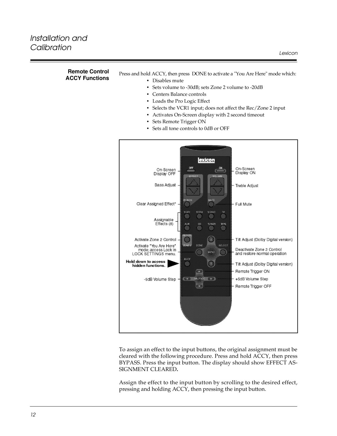 Lexicon DC-1 owner manual Remote Control Accy Functions, Signment Cleared 