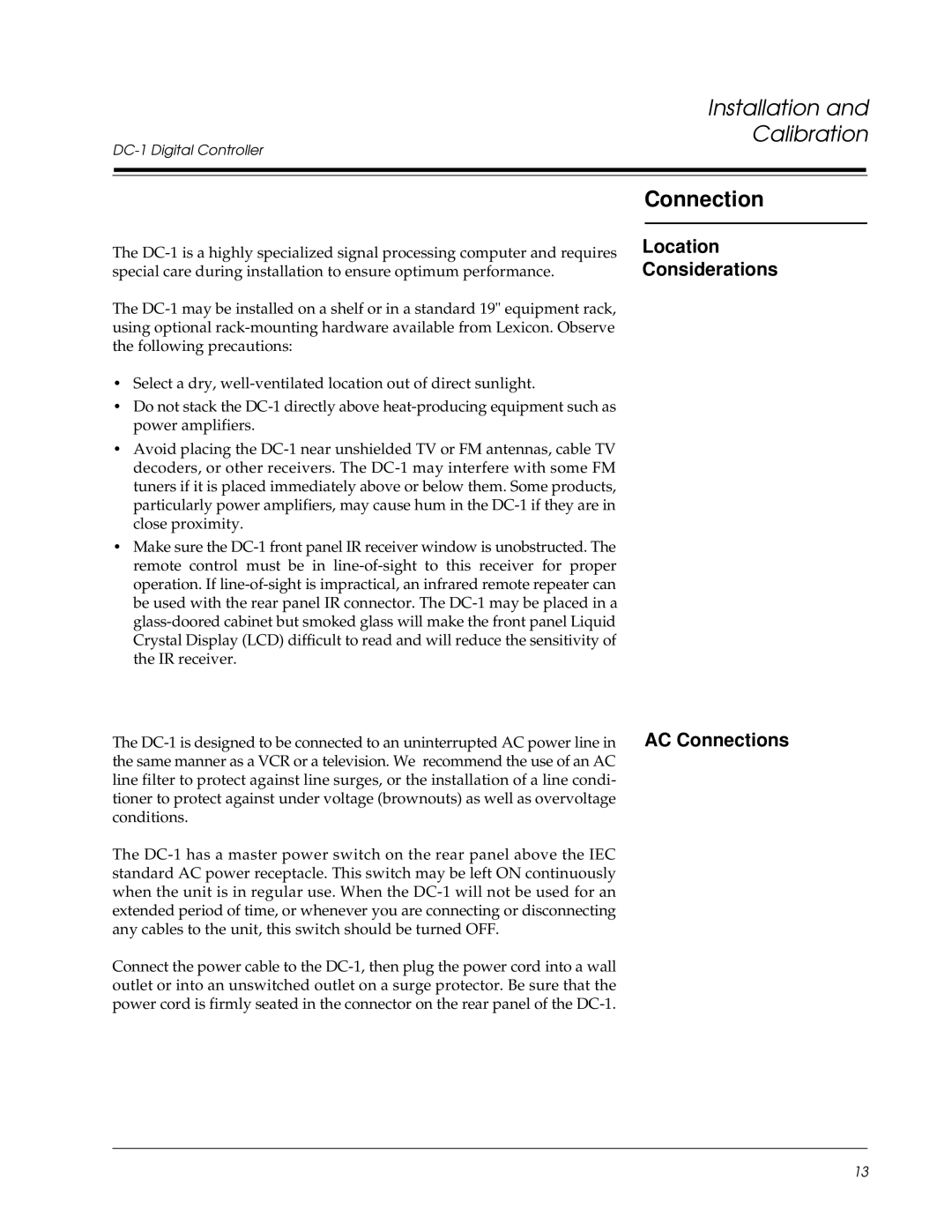 Lexicon DC-1 owner manual Location Considerations AC Connections 