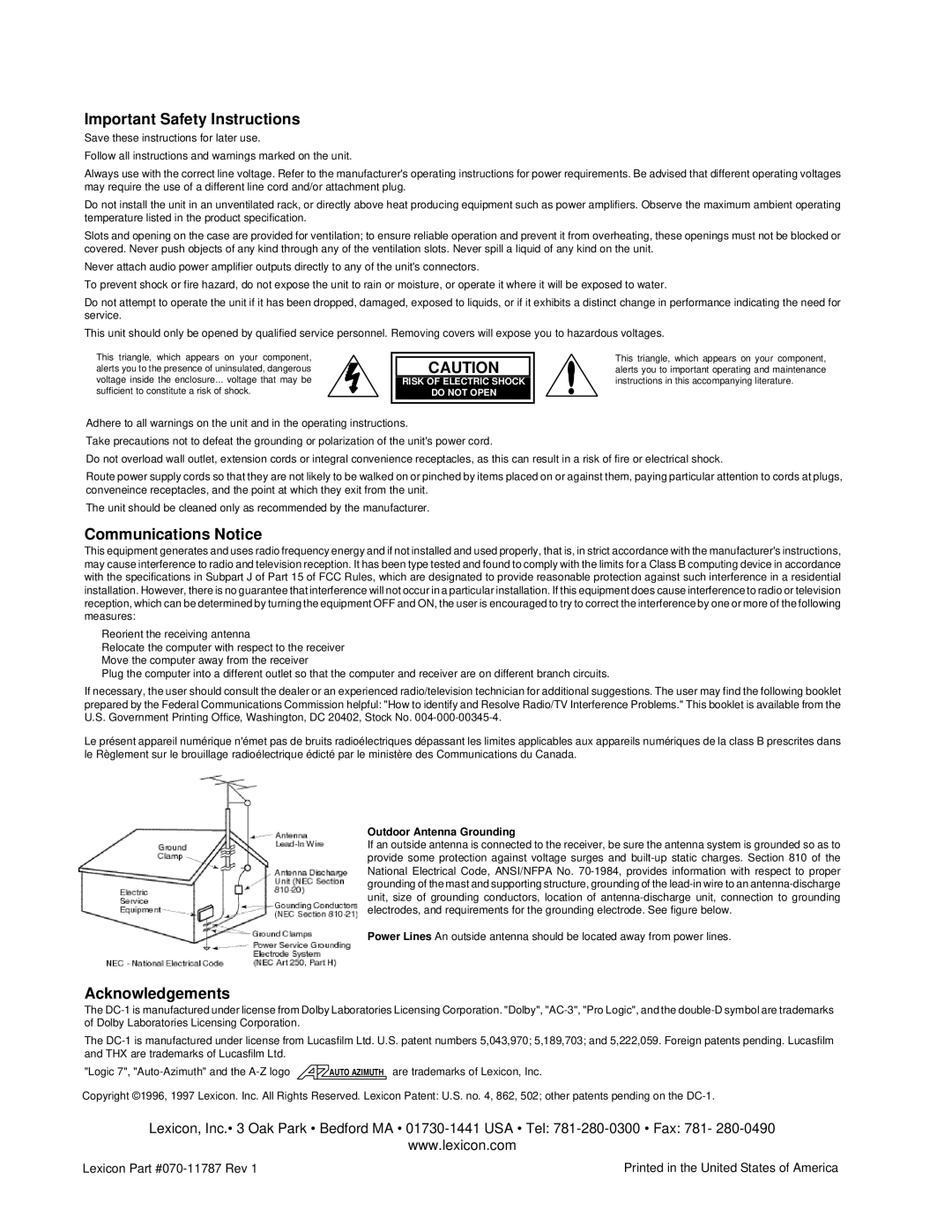 Lexicon DC-1 owner manual Important Safety Instructions, Communications Notice, Acknowledgements 