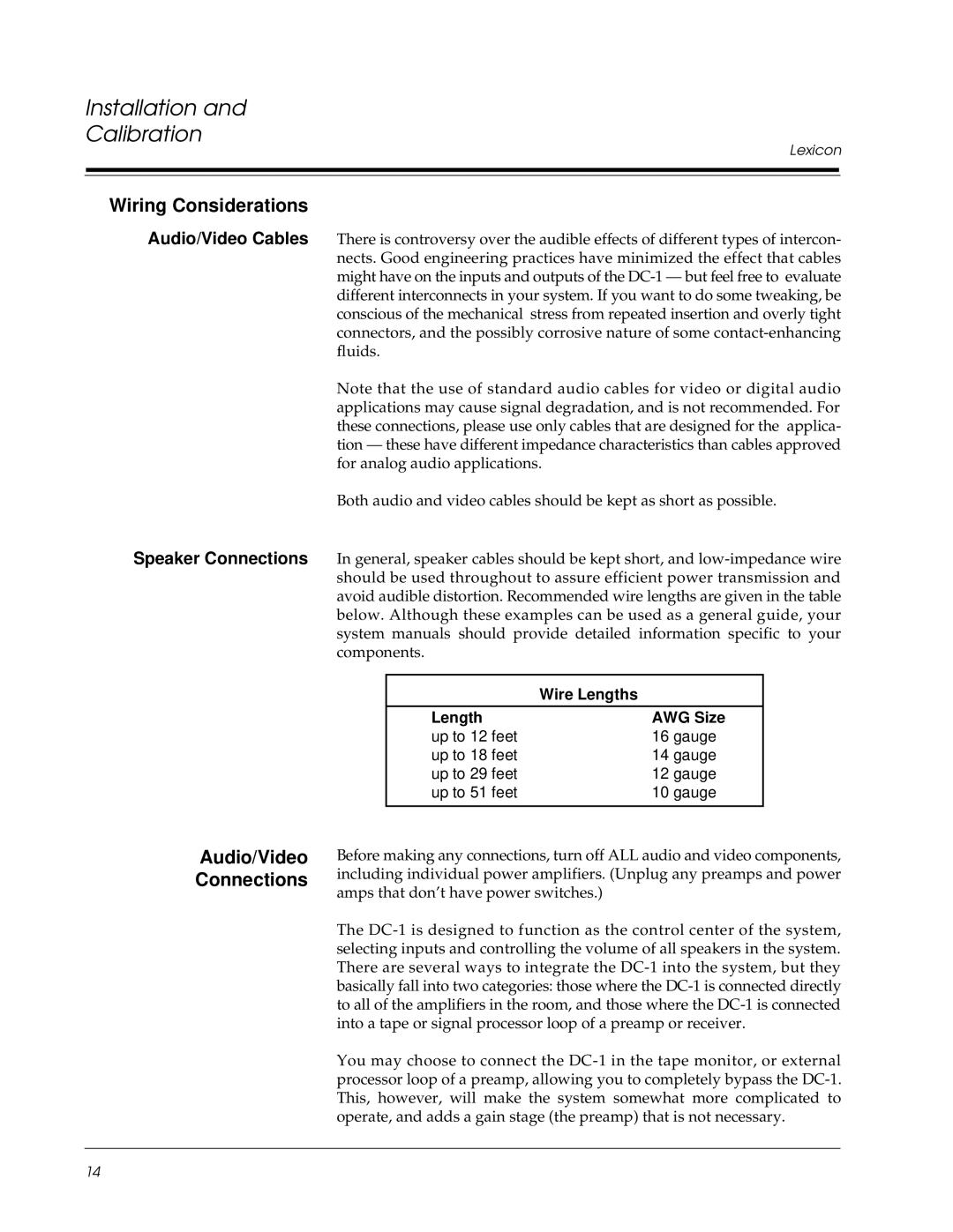 Lexicon DC-1 owner manual Wiring Considerations, Audio/Video Connections, Wire Lengths, Length AWG Size 