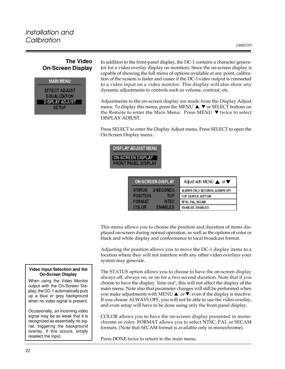 Lexicon DC-1 owner manual Video On-Screen Display, Video Input Selection On-Screen Display 