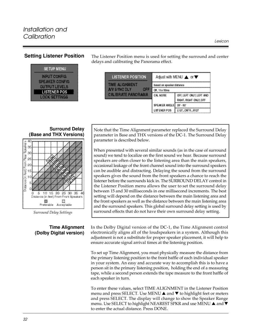 Lexicon DC-1 owner manual Setting Listener Position, Time Alignment Dolby Digital version 