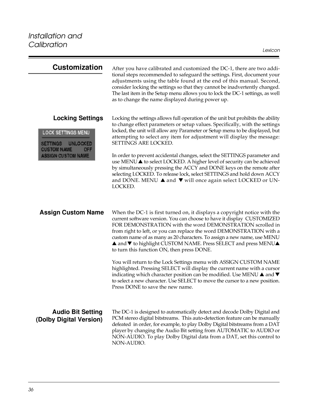 Lexicon DC-1 owner manual Settings are Locked 