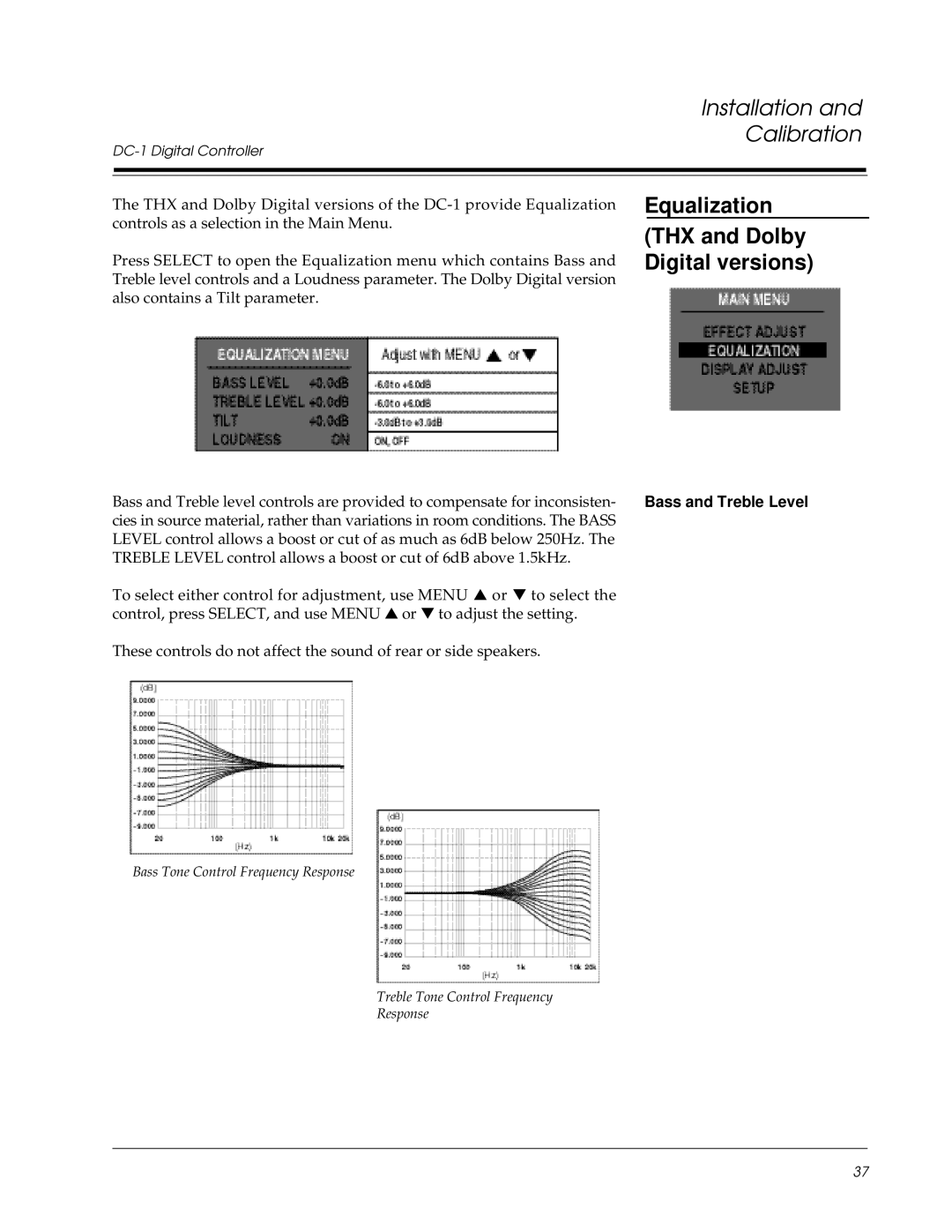 Lexicon DC-1 owner manual Equalization THX and Dolby Digital versions, Bass and Treble Level 