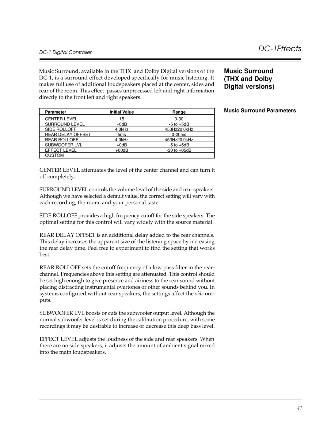 Lexicon DC-1 owner manual Music Surround THX and Dolby Digital versions, Music Surround Parameters 