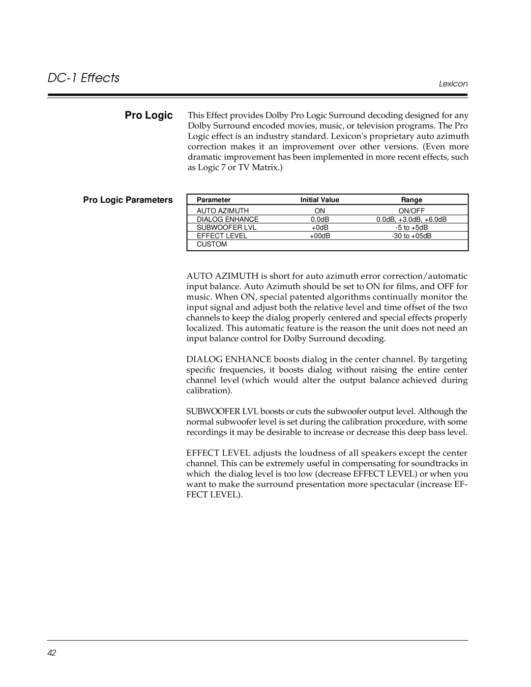 Lexicon DC-1 owner manual Pro Logic Parameters, Parameter Initial Value Range 