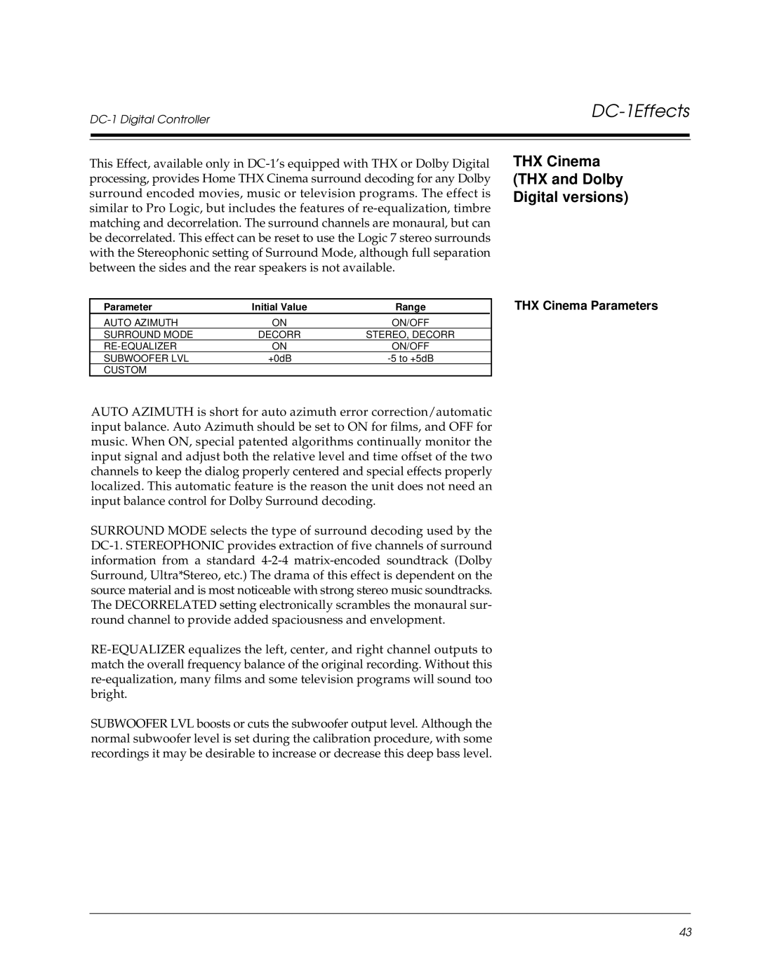 Lexicon DC-1 owner manual THX Cinema THX and Dolby Digital versions, THX Cinema Parameters 