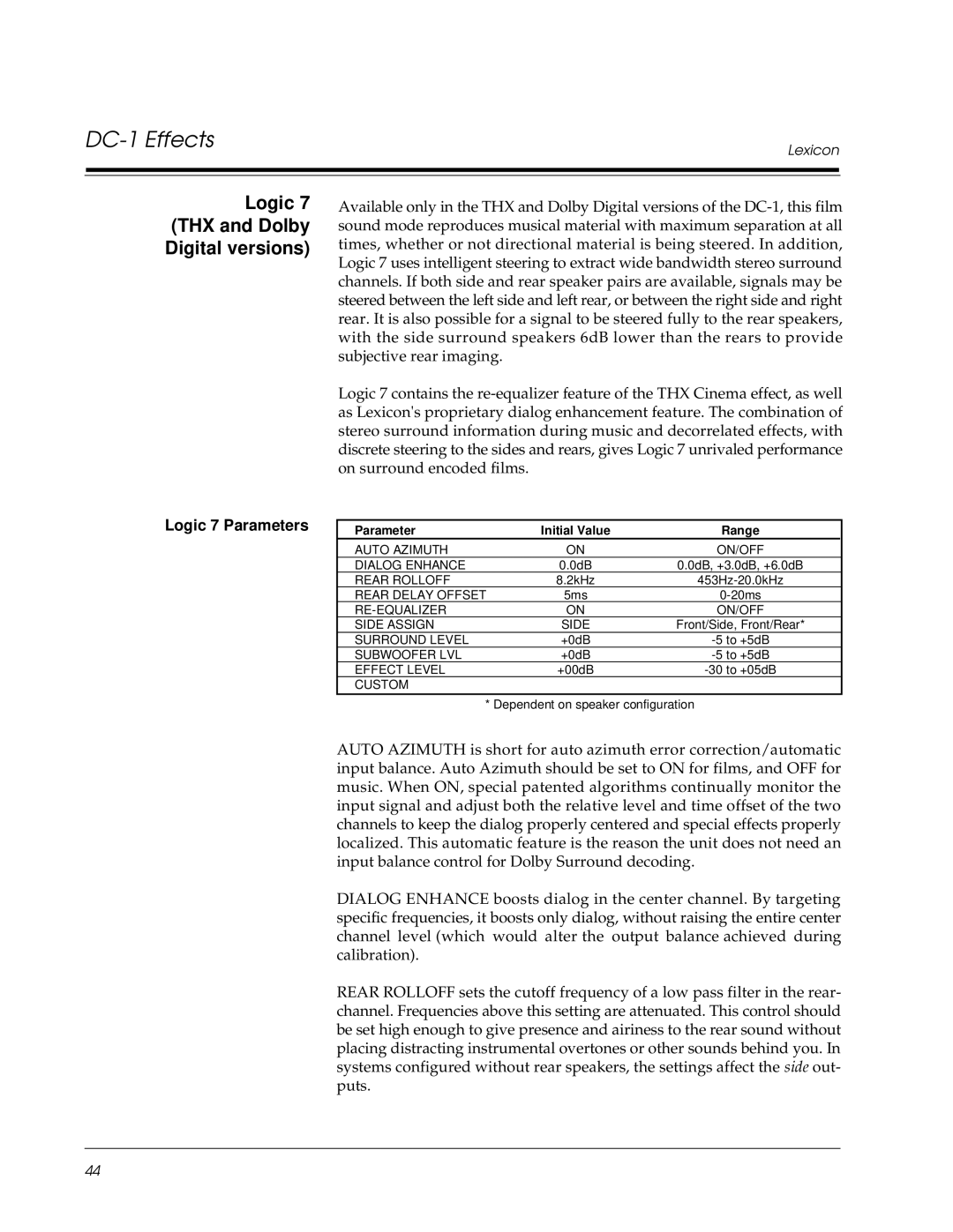 Lexicon DC-1 owner manual Logic 7 THX and Dolby Digital versions, Logic 7 Parameters 