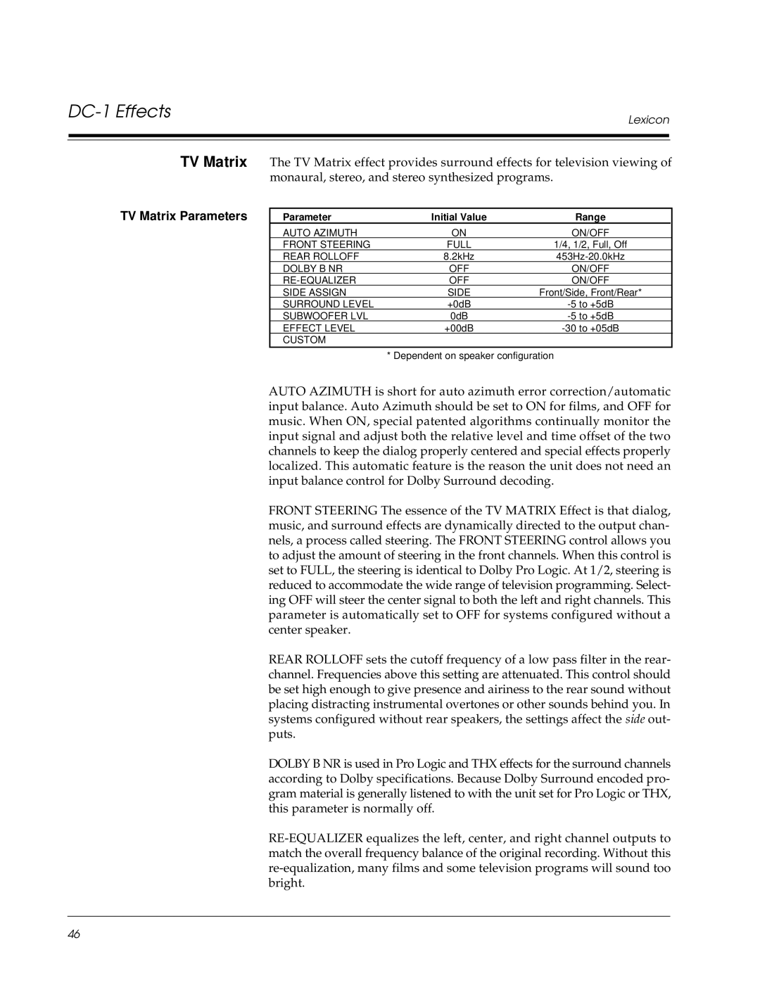 Lexicon DC-1 owner manual TV Matrix Parameters 