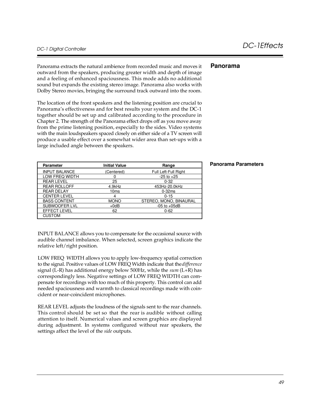 Lexicon DC-1 owner manual Panorama Parameters 