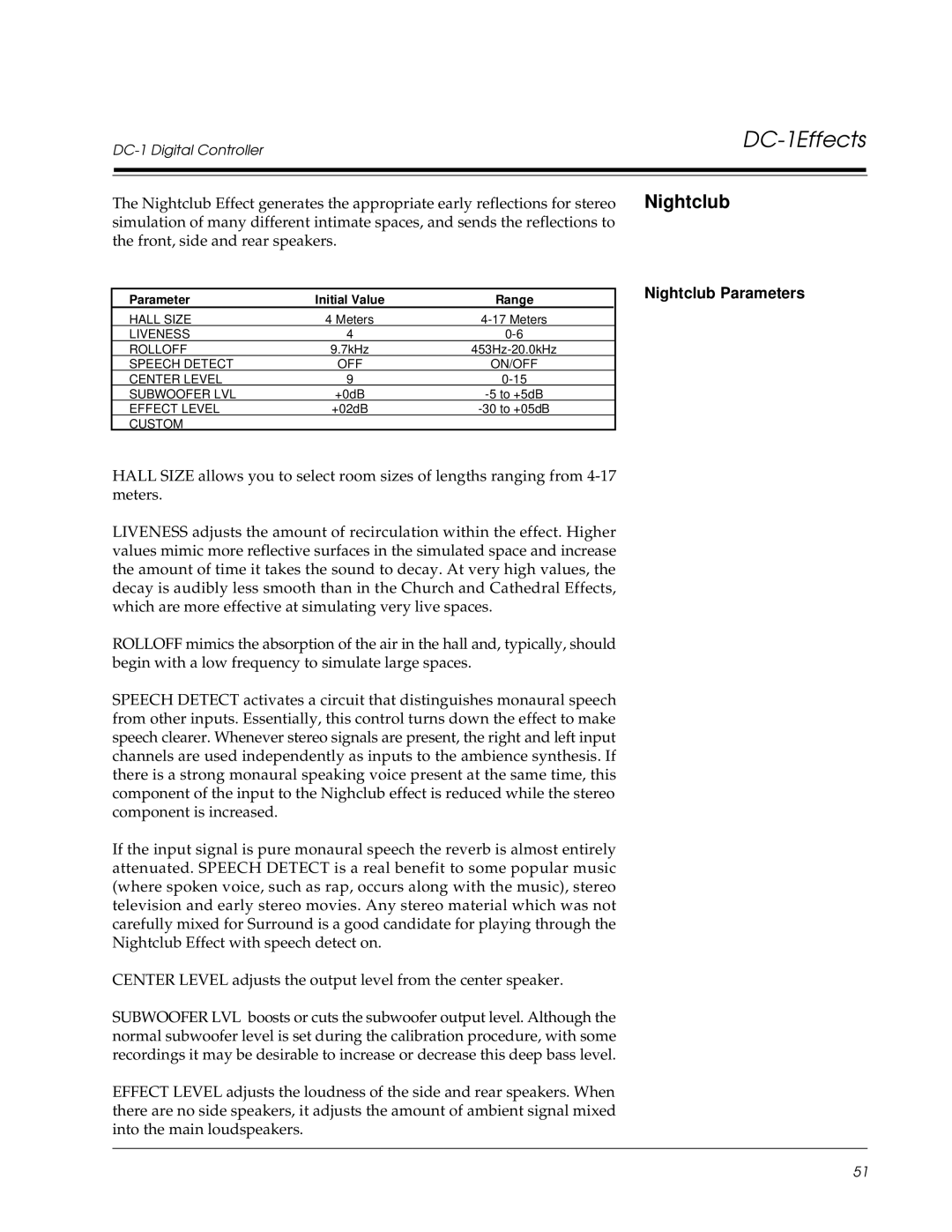 Lexicon DC-1 owner manual Nightclub Parameters 