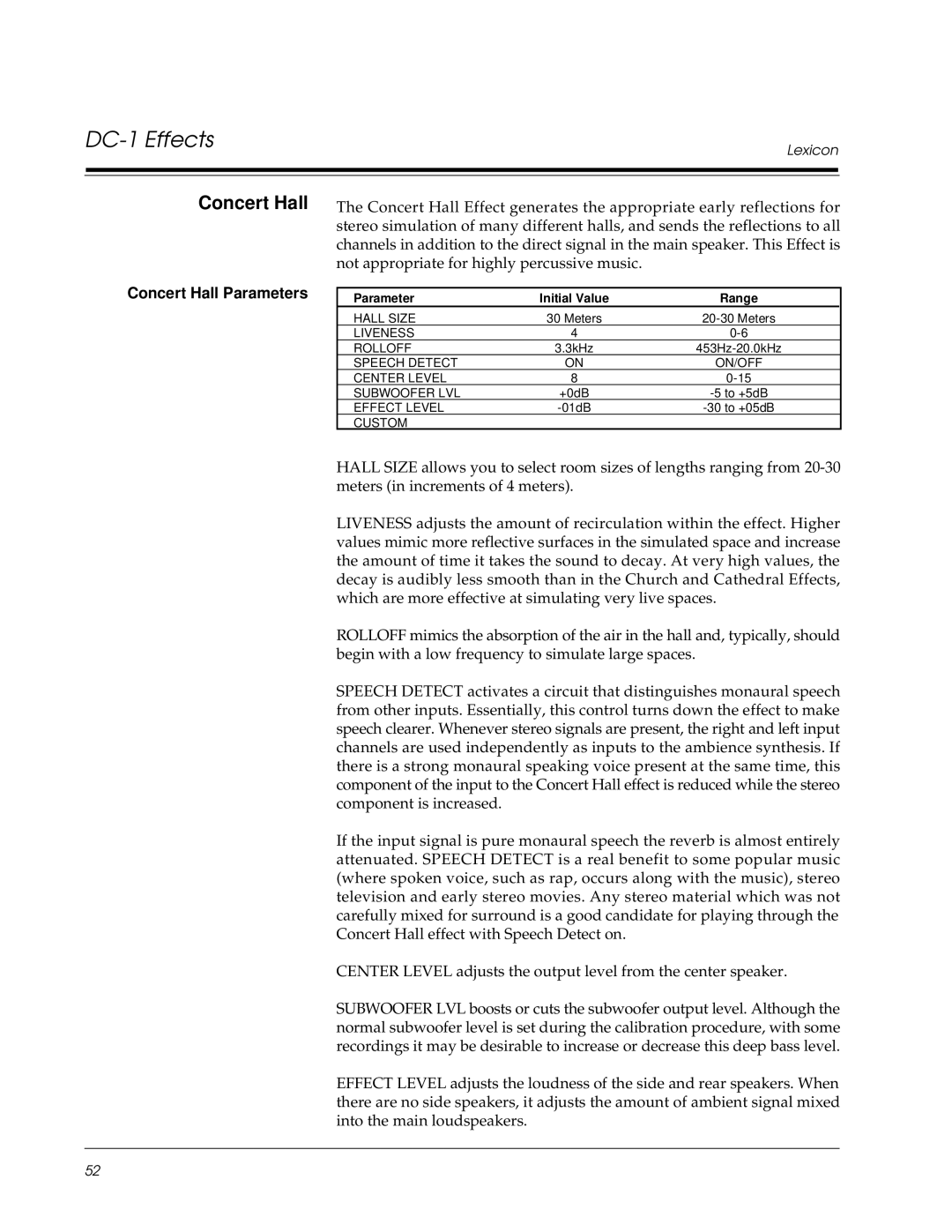 Lexicon DC-1 owner manual Concert Hall Parameters 