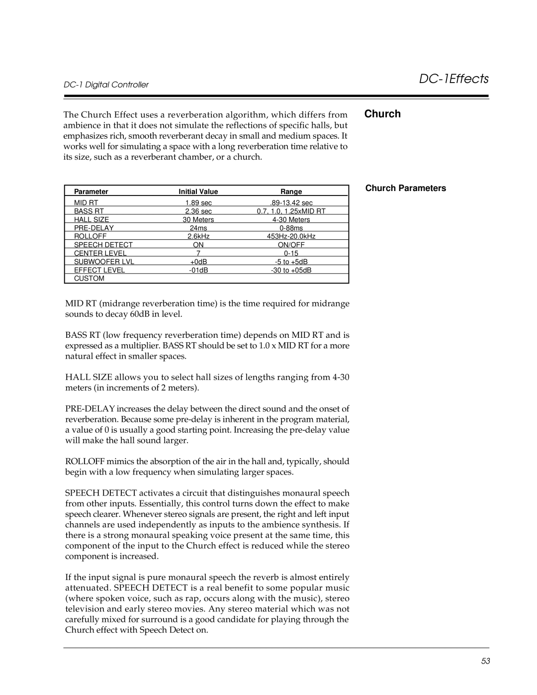 Lexicon DC-1 owner manual Church Parameters 