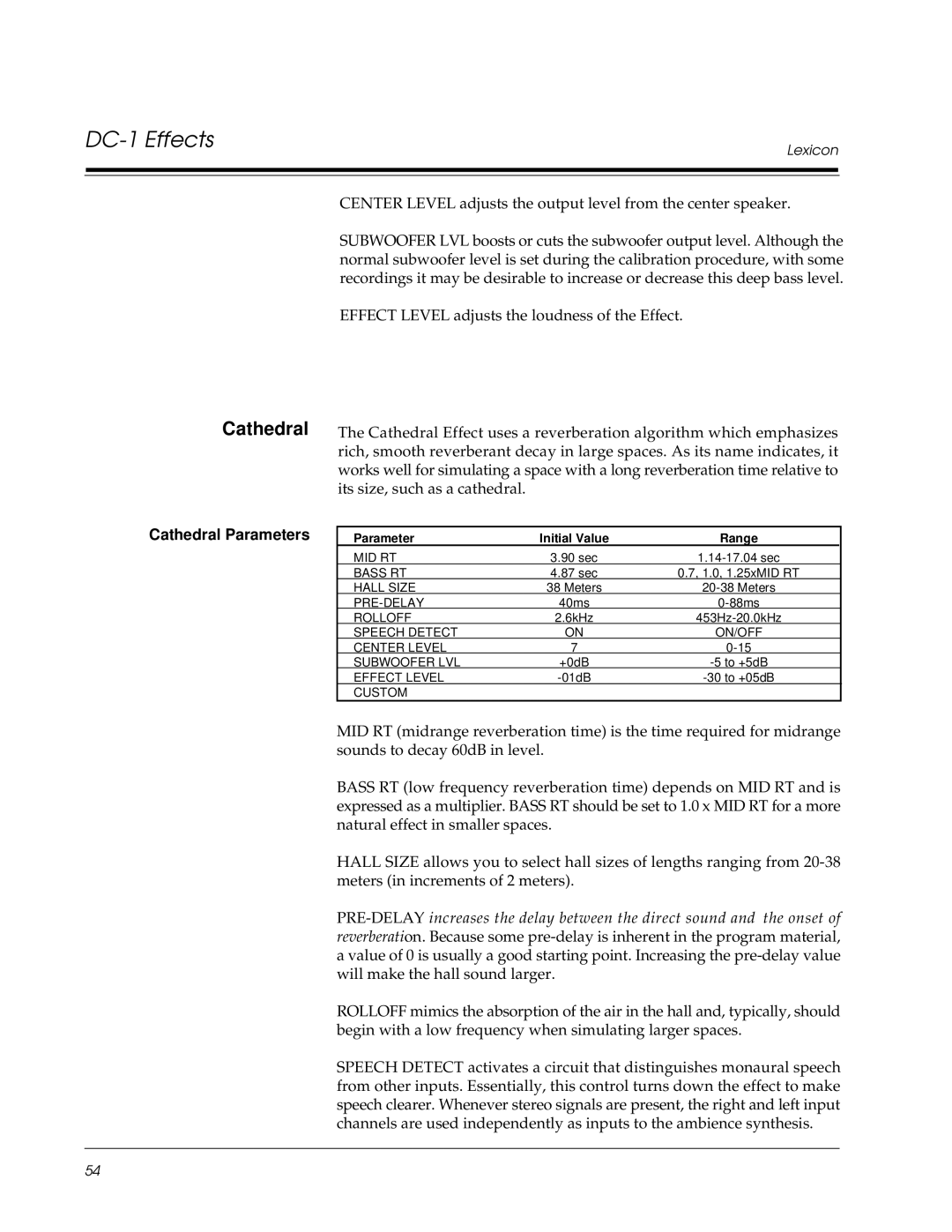 Lexicon DC-1 owner manual Cathedral Parameters 