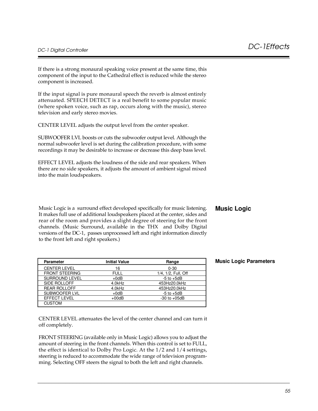 Lexicon DC-1 owner manual Music Logic Parameters 