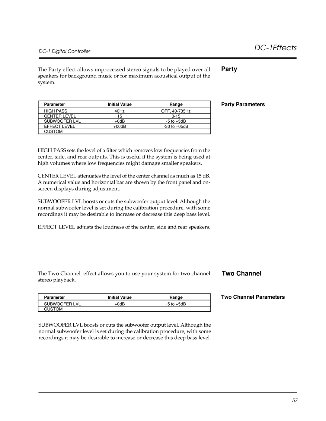 Lexicon DC-1 owner manual Two Channel Parameters, Party Parameters 