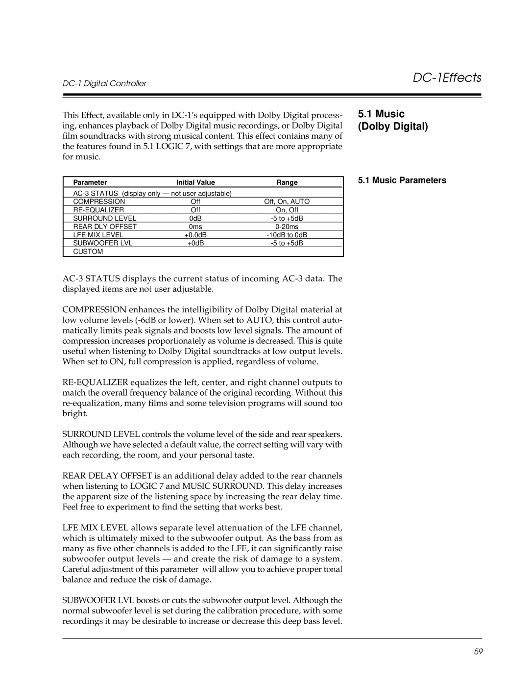 Lexicon DC-1 owner manual Music Dolby Digital, Music Parameters 