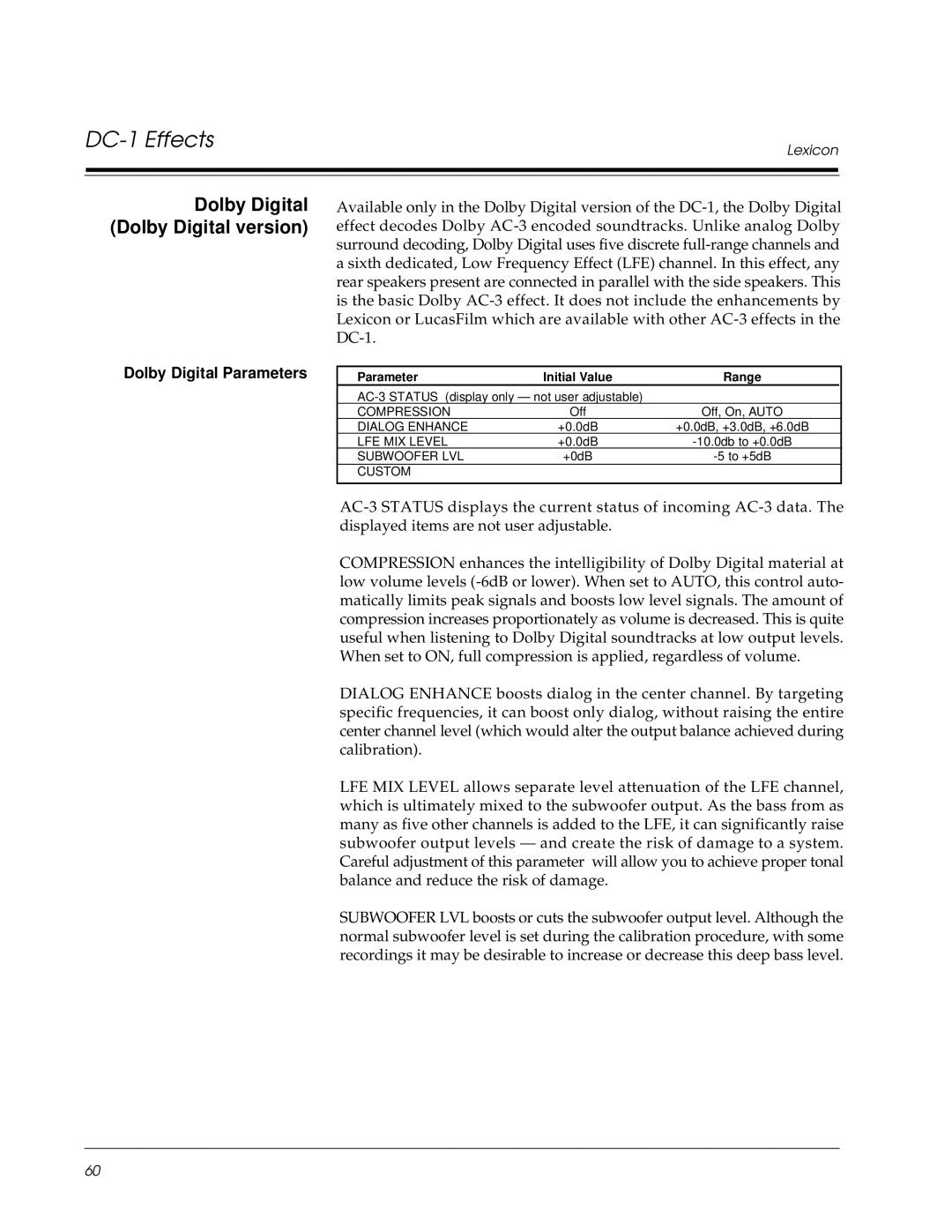 Lexicon DC-1 owner manual Dolby Digital Dolby Digital version, Dolby Digital Parameters 