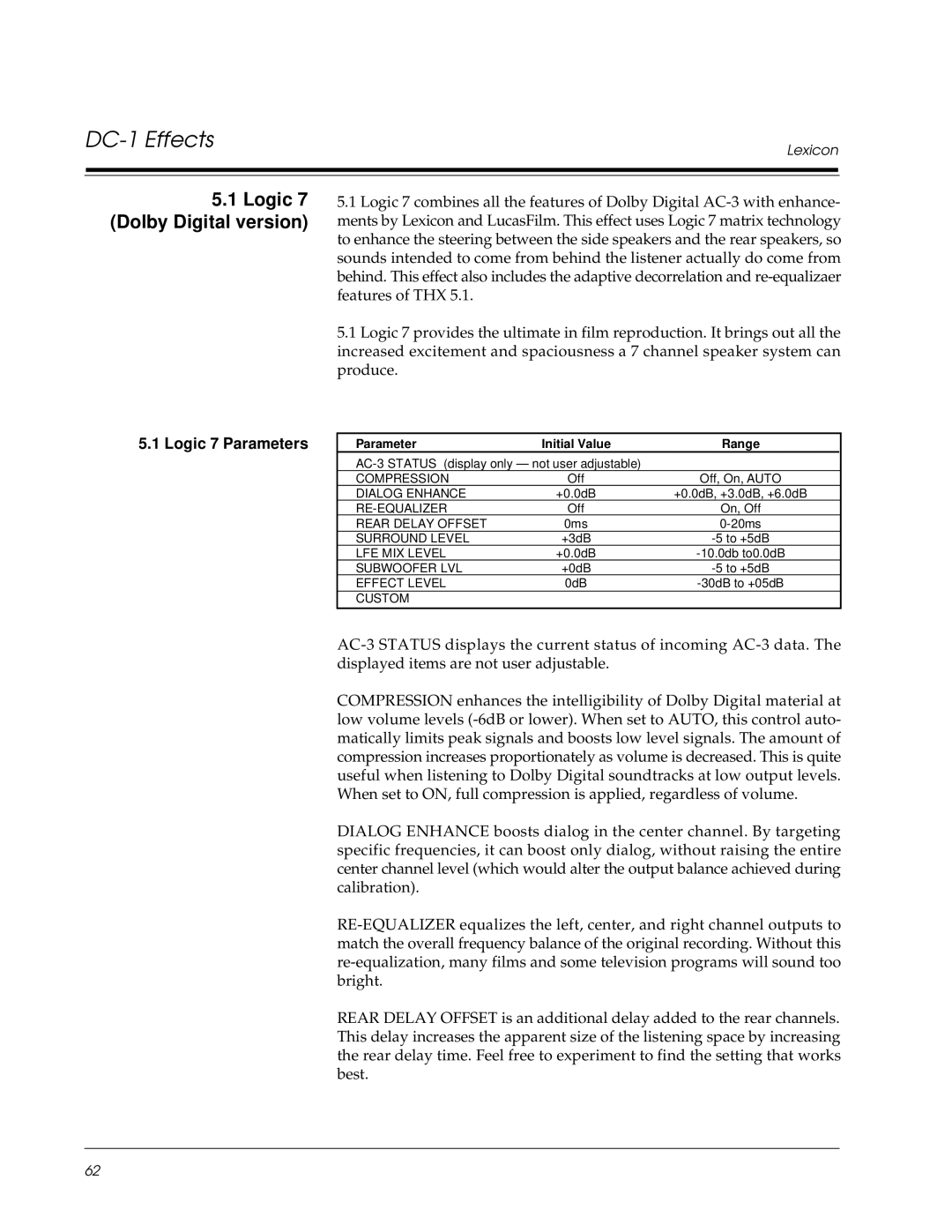 Lexicon DC-1 owner manual Logic 7 Dolby Digital version, Logic 7 Parameters 