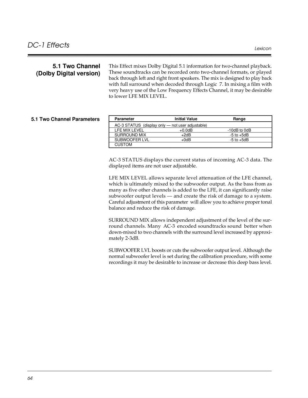 Lexicon DC-1 owner manual 1Two Channel Dolby Digital version, Two Channel Parameters 