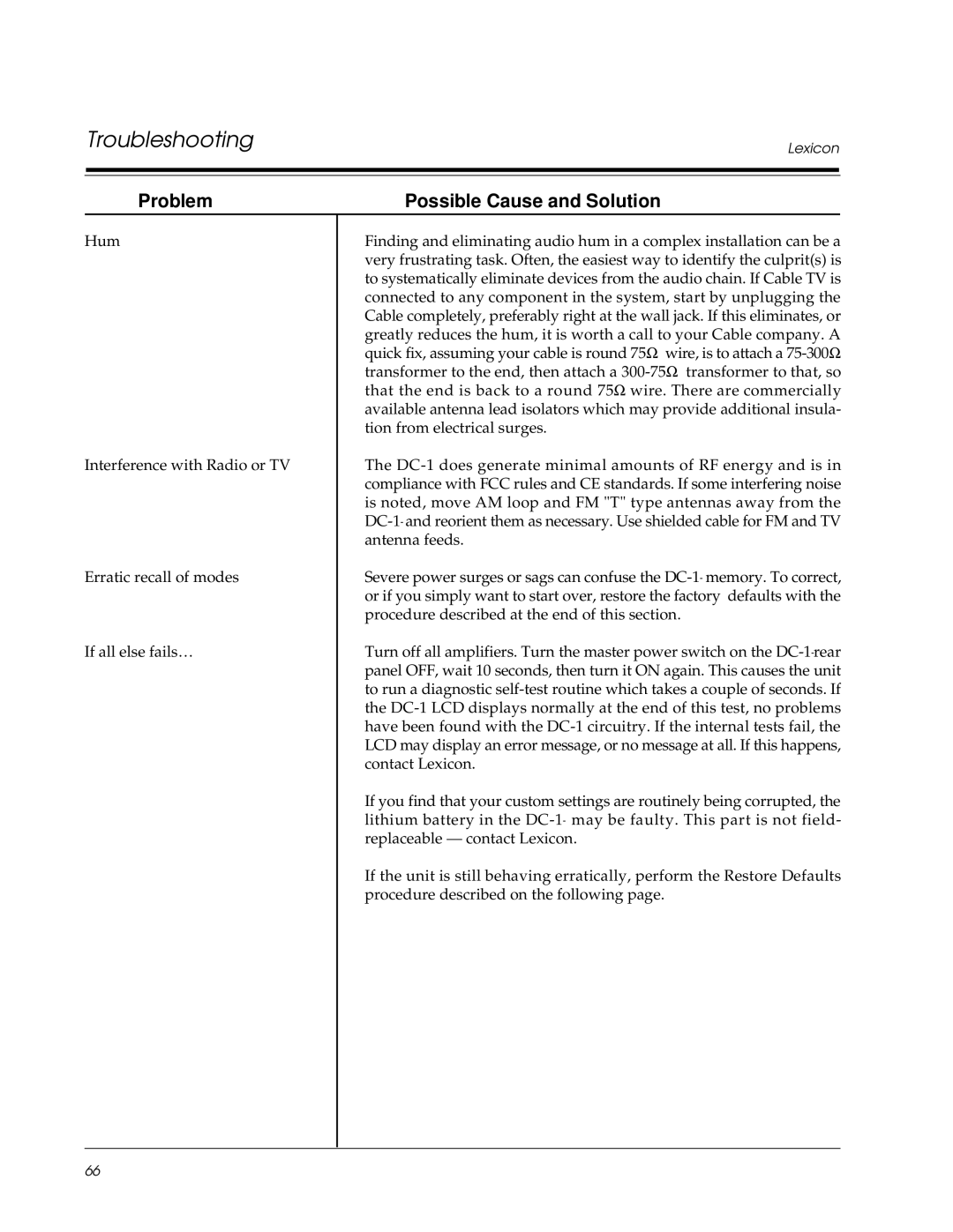 Lexicon DC-1 owner manual Troubleshooting, Problem Possible Cause and Solution 