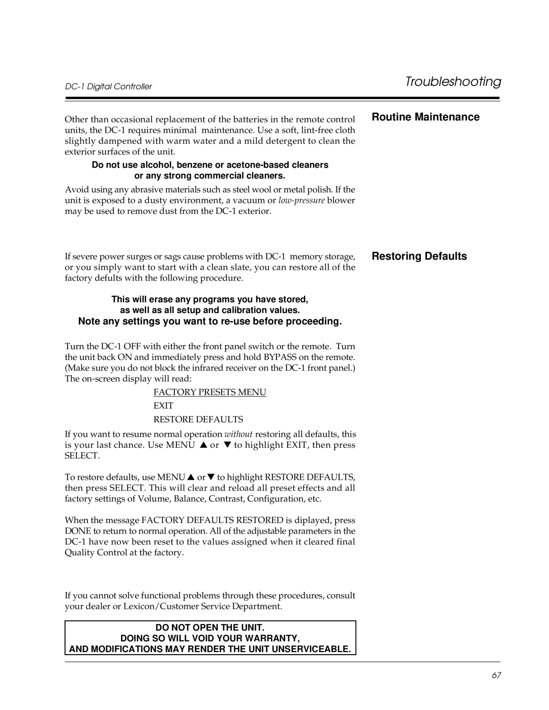 Lexicon DC-1 owner manual Troubleshooting, Routine Maintenance Restoring Defaults 