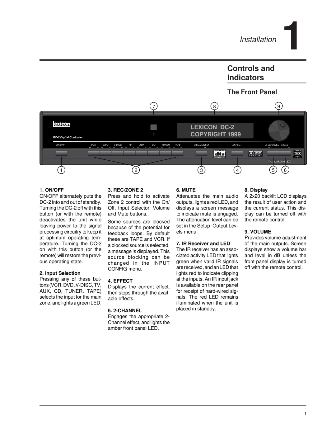 Lexicon DC-2 owner manual Controls Indicators, Front Panel 