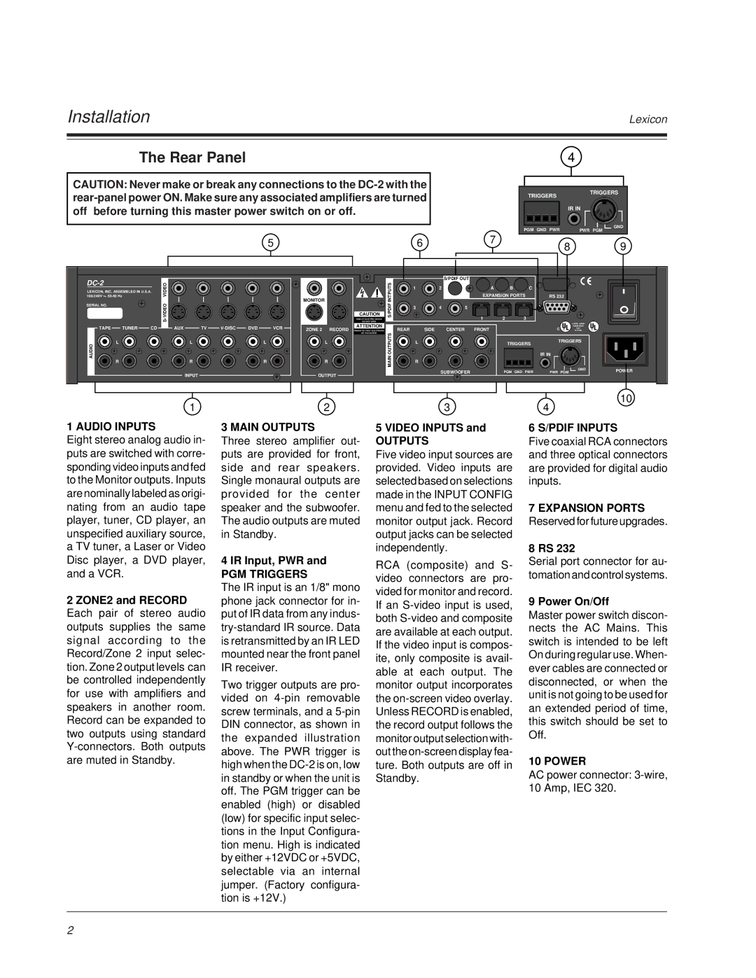 Lexicon DC-2 owner manual Installation, Rear Panel 