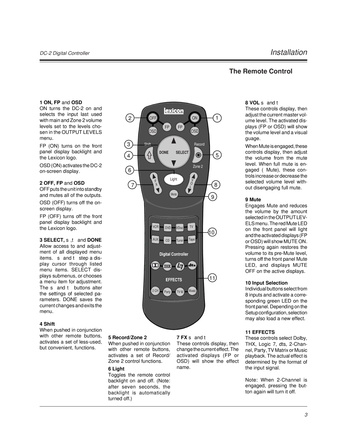 Lexicon DC-2 owner manual Installation, Remote Control 