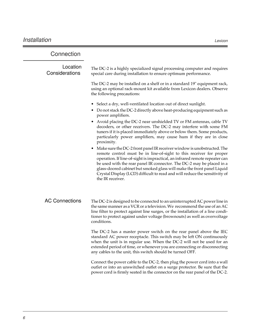 Lexicon DC-2 owner manual Location Considerations AC Connections 