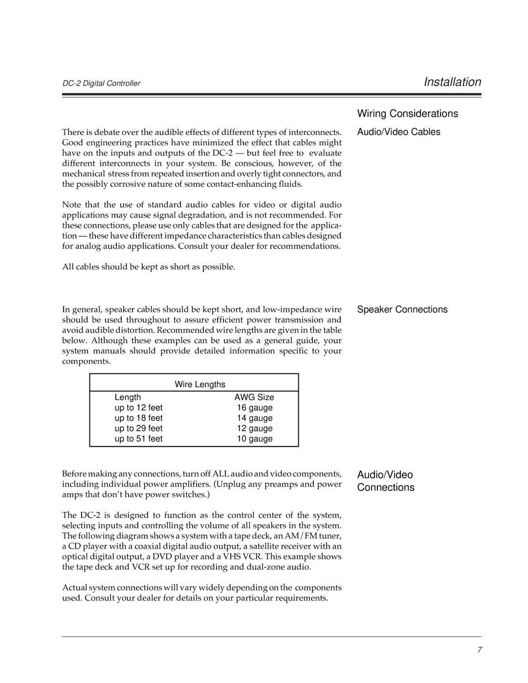 Lexicon DC-2 owner manual Wiring Considerations, Audio/Video Connections, Audio/Video Cables, Speaker Connections 