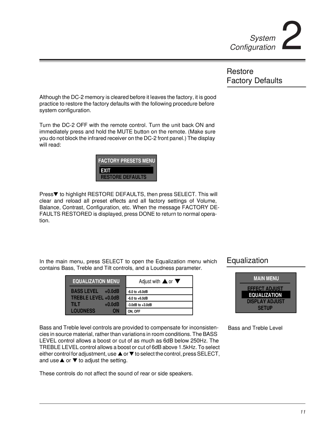 Lexicon DC-2 owner manual Restore Factory Defaults, Equalization, Adjust with or, +0.0dB, Bass and Treble Level 