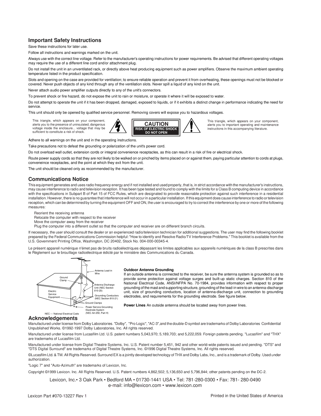 Lexicon DC-2 owner manual Important Safety Instructions, Communications Notice, Acknowledgements 