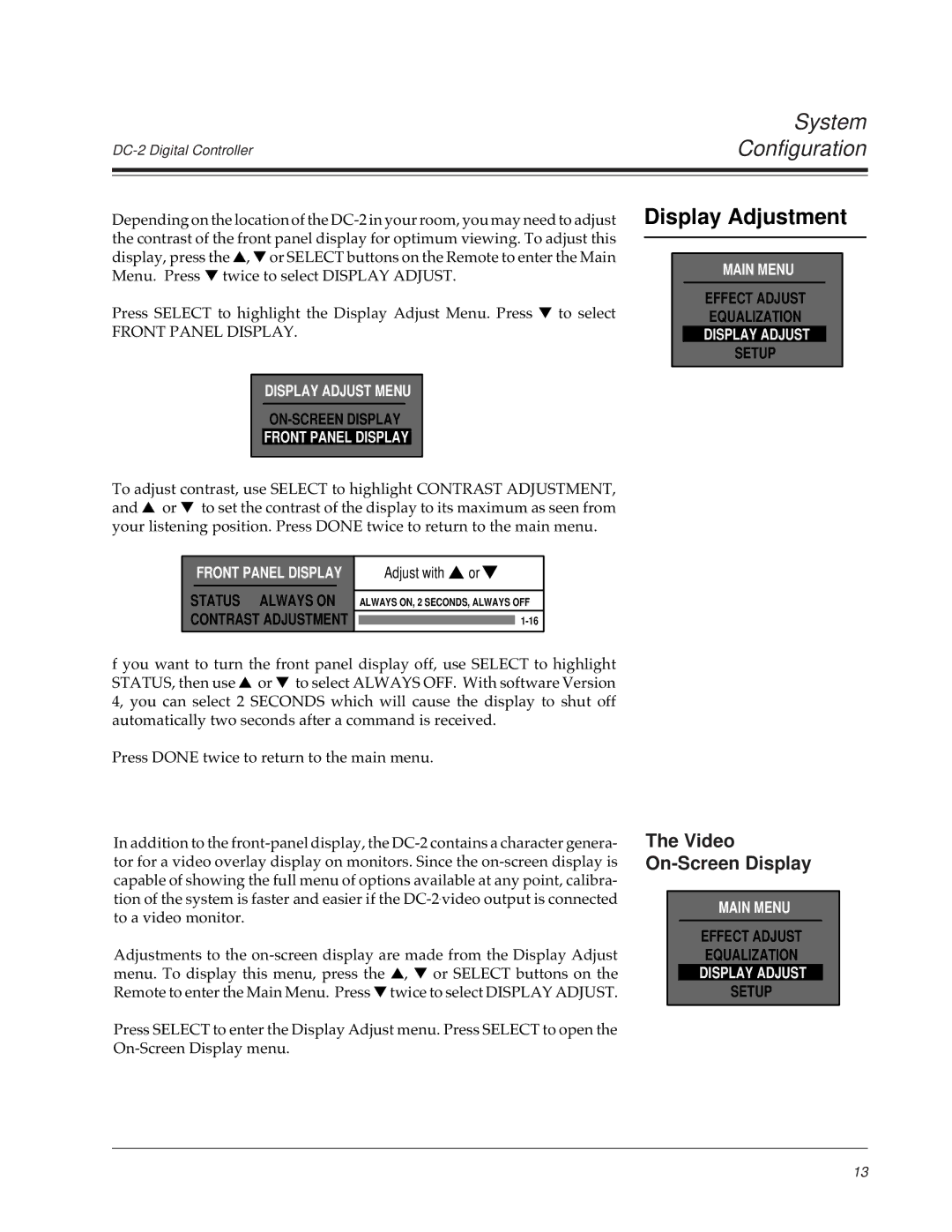 Lexicon DC-2 owner manual Display Adjustment, Video On-Screen Display 