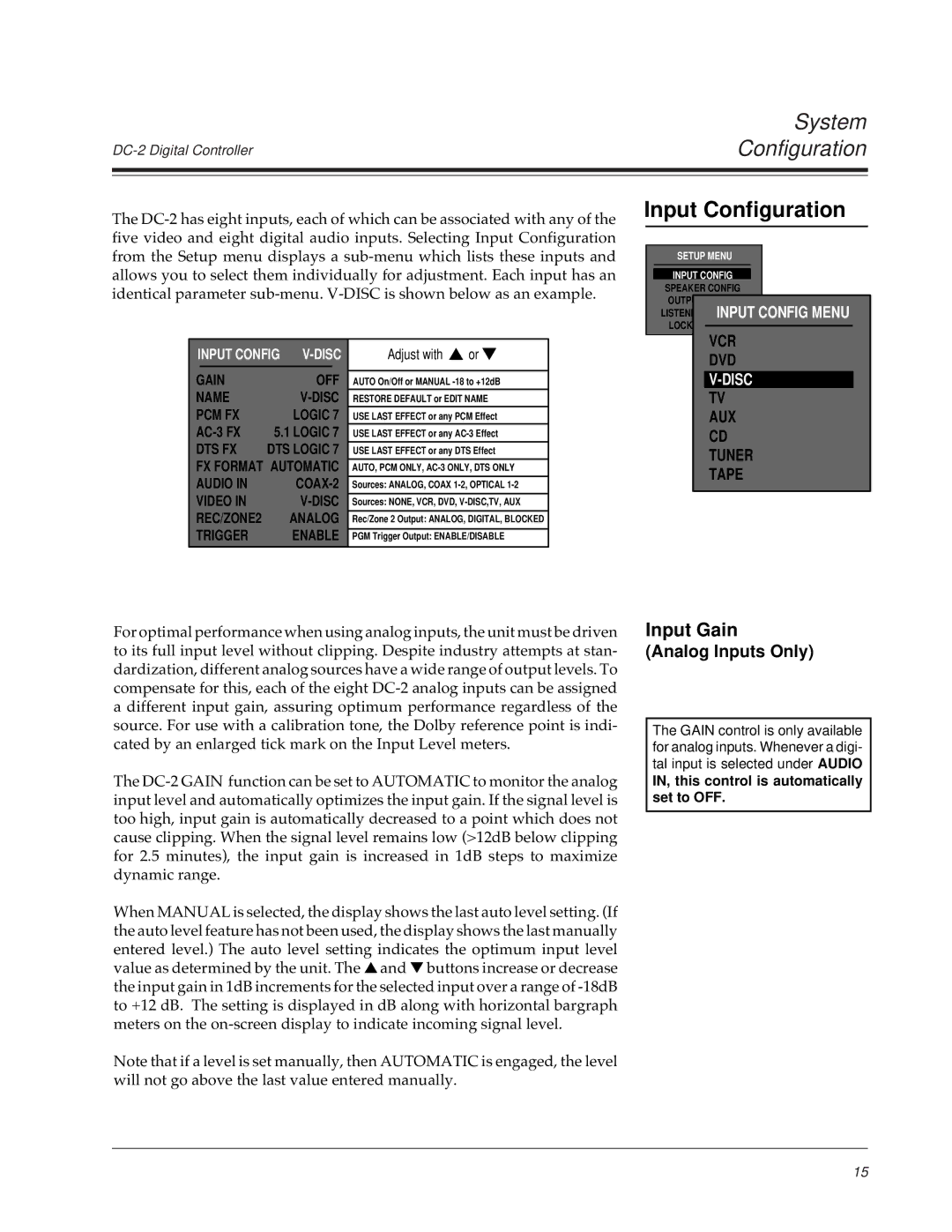 Lexicon DC-2 owner manual Input Configuration, Input Gain, Analog Inputs Only 