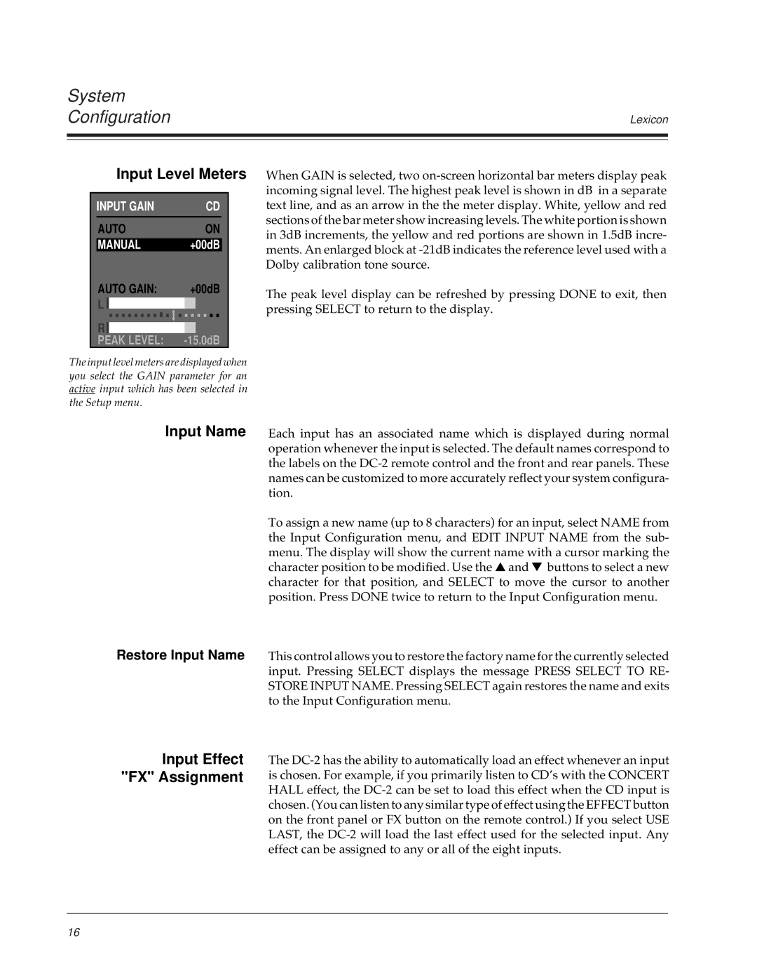 Lexicon DC-2 owner manual Input Level Meters, Input Effect FX Assignment, Restore Input Name 