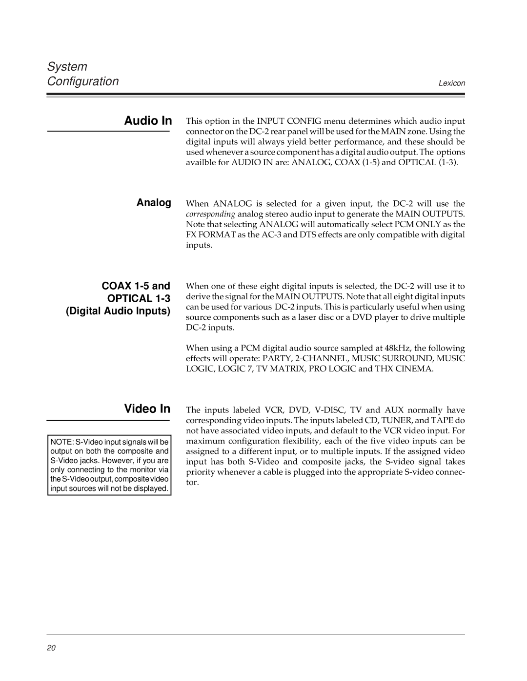 Lexicon DC-2 owner manual Video, Coax 1-5, Digital Audio Inputs 