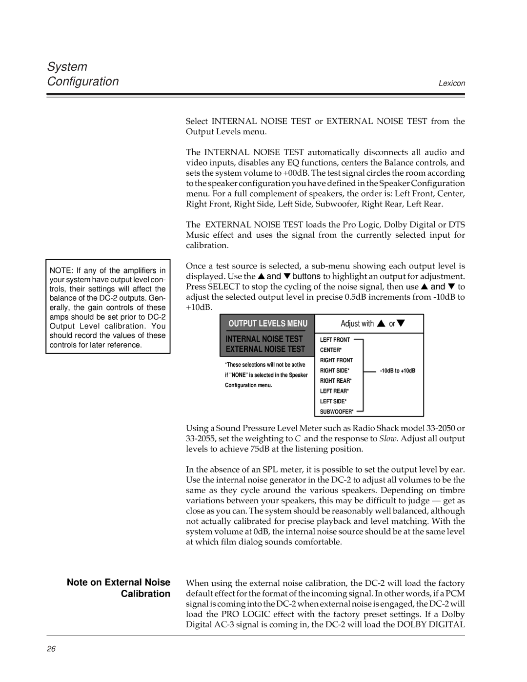 Lexicon DC-2 owner manual Output Levels Menu 