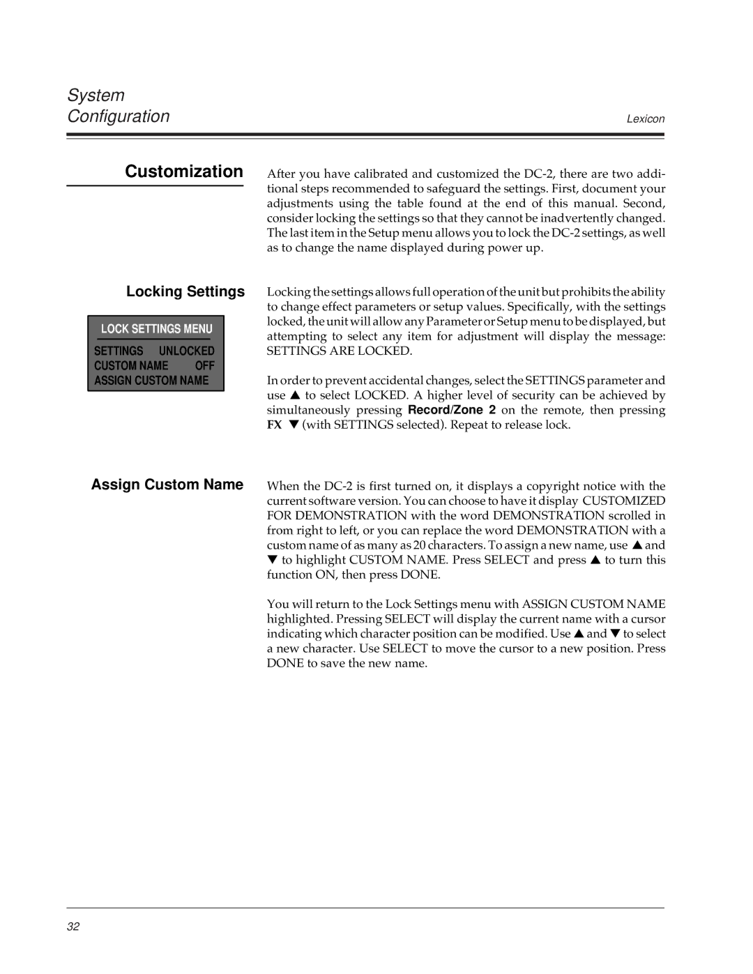 Lexicon DC-2 owner manual Locking Settings, Assign Custom Name 