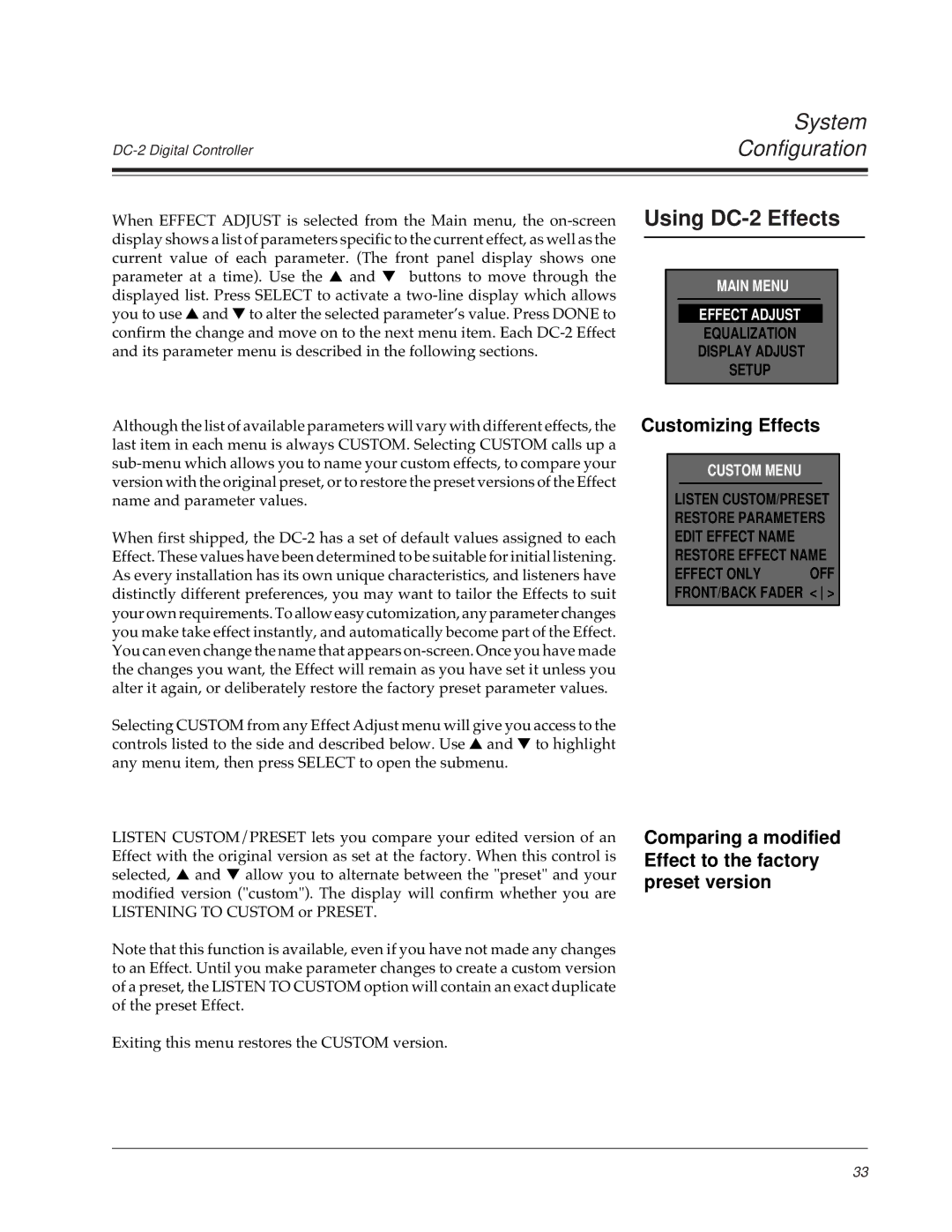 Lexicon owner manual Using DC-2 Effects, Customizing Effects, Comparing a modified Effect to the factory preset version 