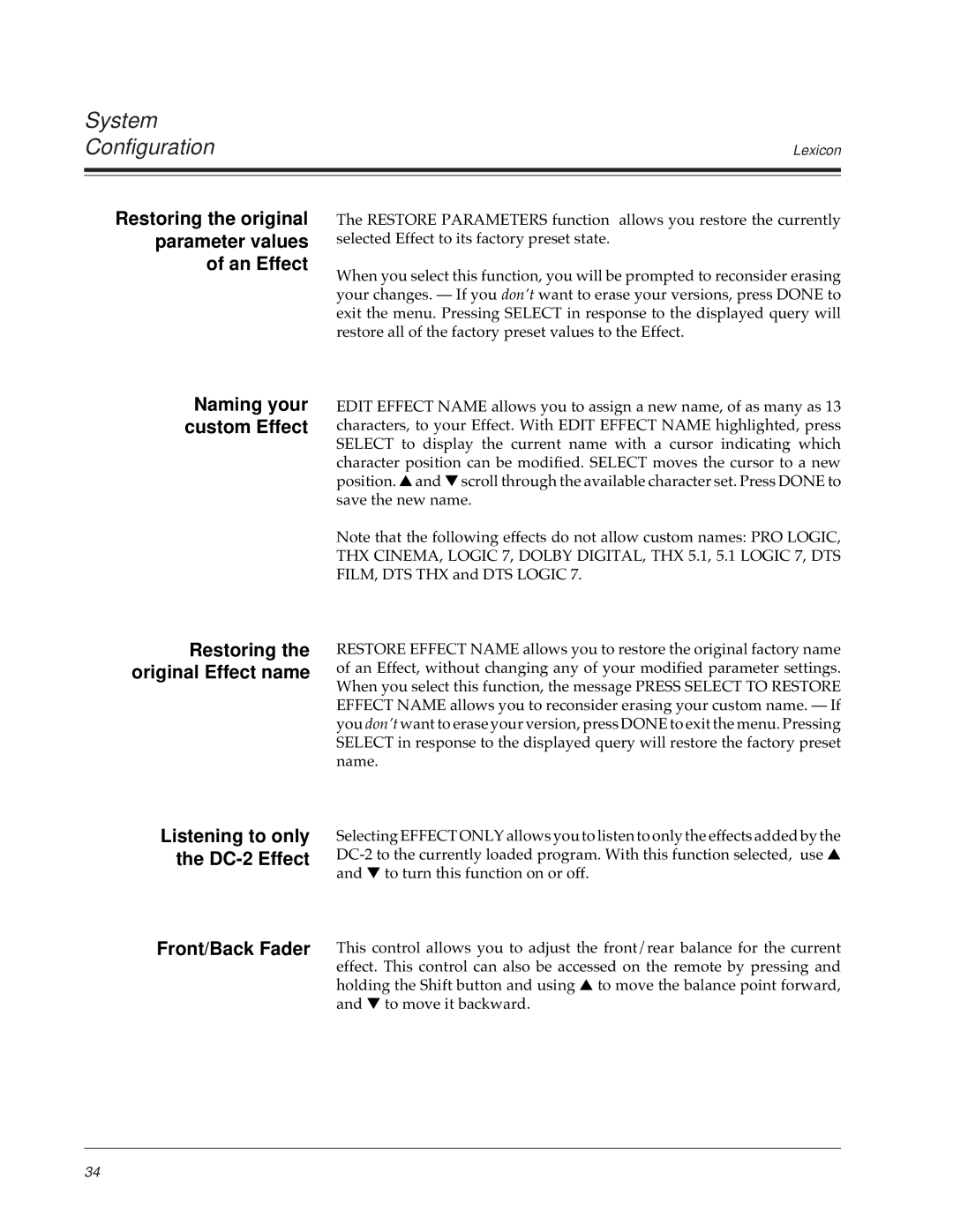Lexicon Restoring the original parameter values of an Effect, Listening to only the DC-2 Effect Front/Back Fader 