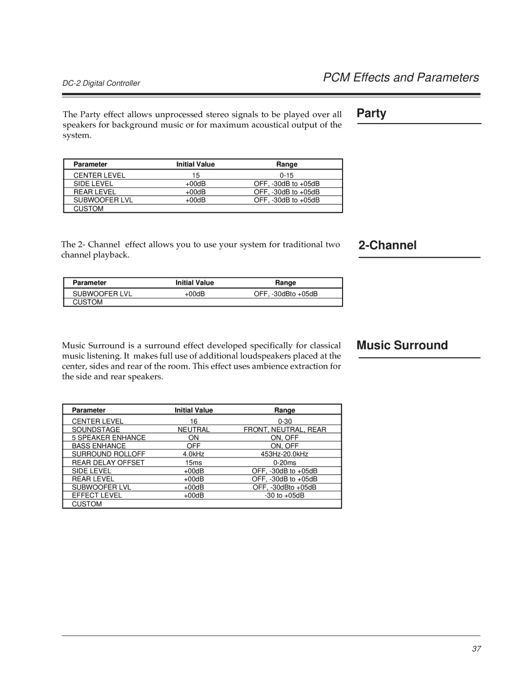 Lexicon DC-2 owner manual Party, Channel, Music Surround 