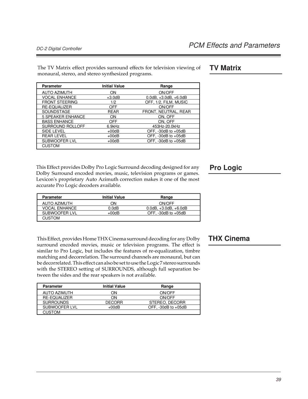 Lexicon DC-2 owner manual TV Matrix, Pro Logic 