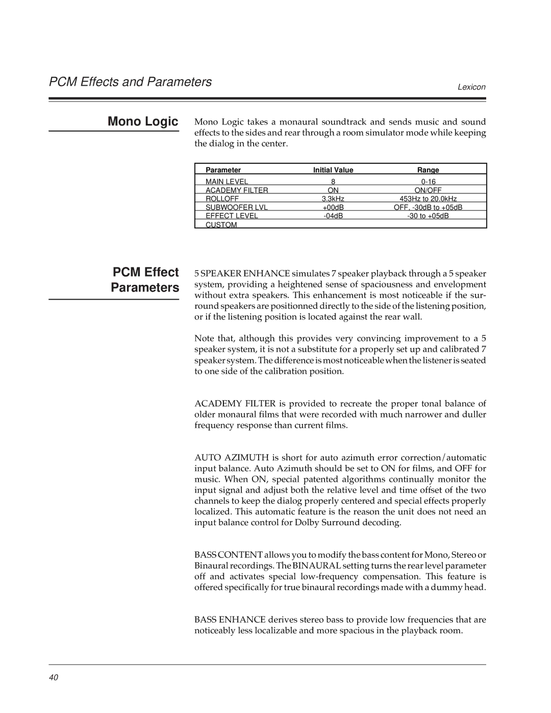 Lexicon DC-2 owner manual Mono Logic, Dialog in the center 