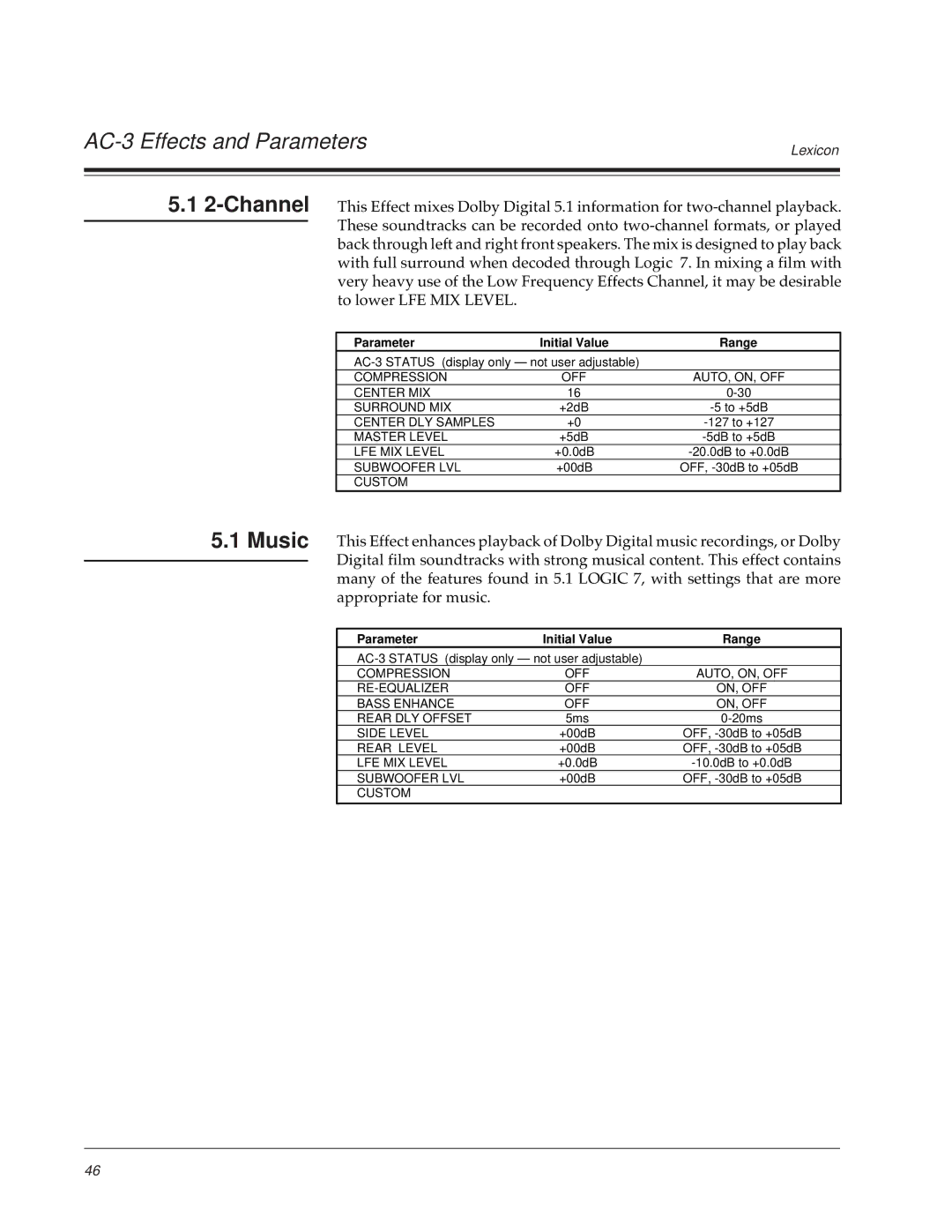 Lexicon DC-2 owner manual AC-3 Effects and Parameters, Music 