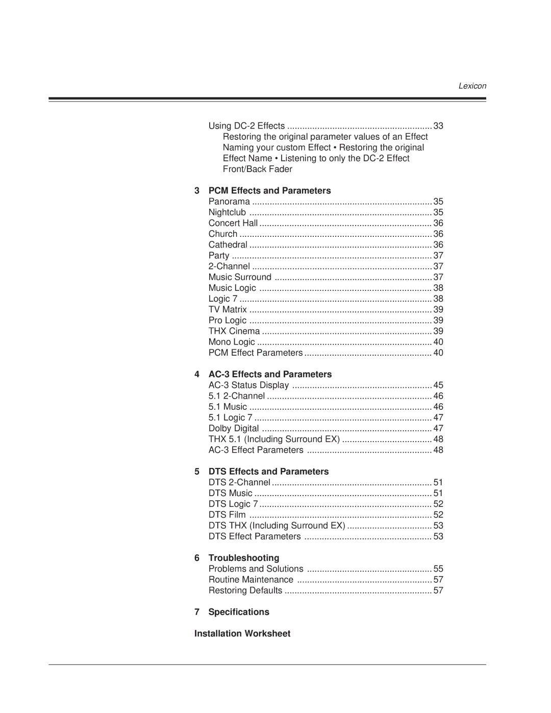 Lexicon DC-2 PCM Effects and Parameters, AC-3 Effects and Parameters, DTS Effects and Parameters, Troubleshooting 