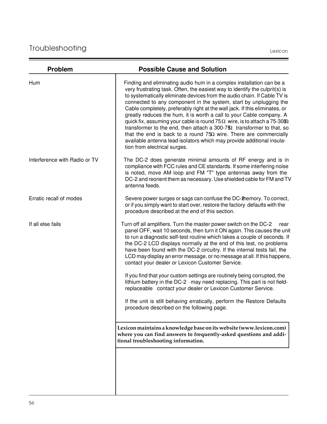 Lexicon DC-2 owner manual Troubleshooting 