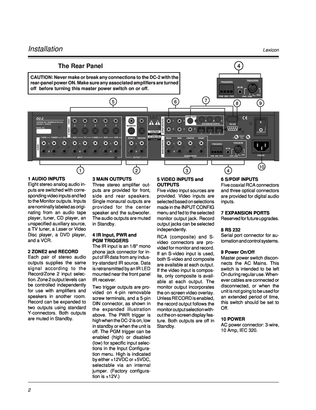 Lexicon DC-2 owner manual Installation, The Rear Panel, Lexicon 